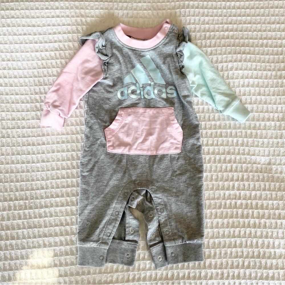 adidas kids grey pink and blue jumpsuit onesie 3M